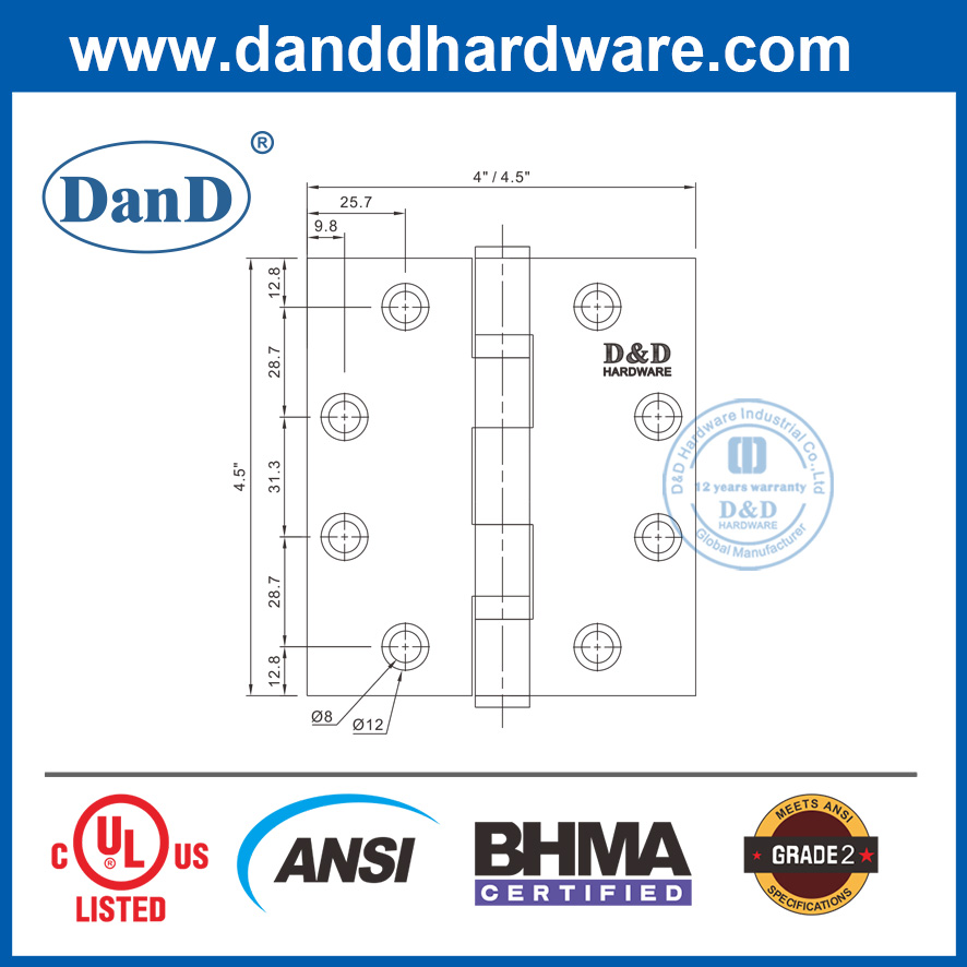 SS201 4.5 Inch ANSI Grade 2 Double Ball Bearing Door Hinge-DDSS001-ANSI-2