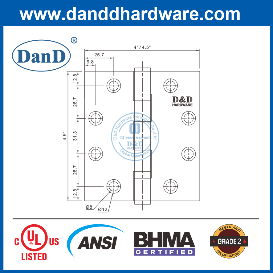 ANSI / BHMA UL GRADE 2 Fire Rated-SS304 Heavy Duty 2BB Butt Hinge-4.5x4.5x3.4mm