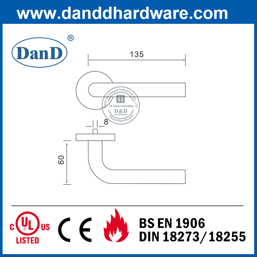 EN1906 SS304 Hollow Fire Rated Lever Door Handle For Office Wooden Door -DDTH002
