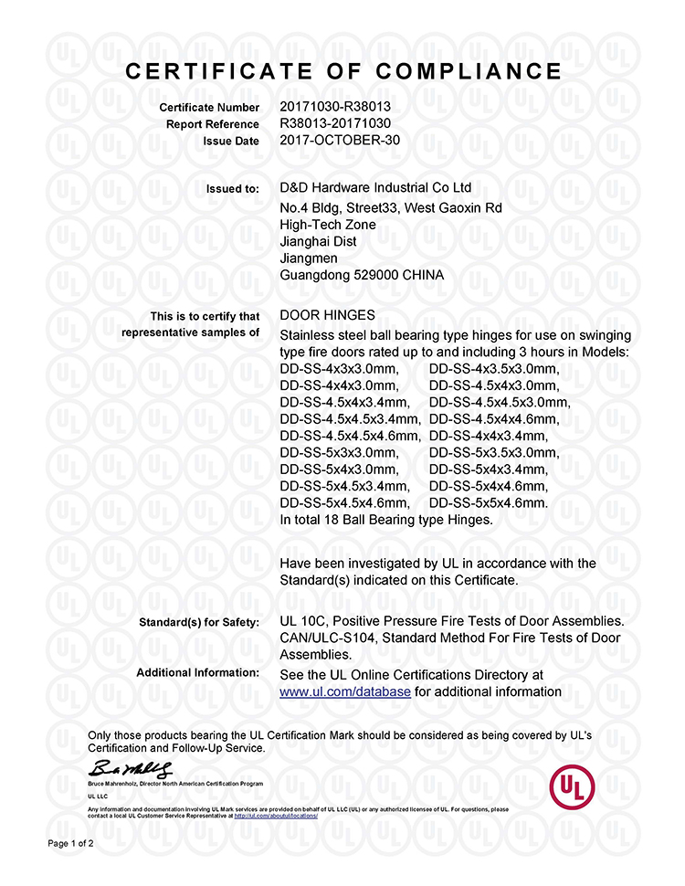 SS304 UL Listed Fire Proof Butt Hinge for Metal Door-DDSS001-FR-4X3X3