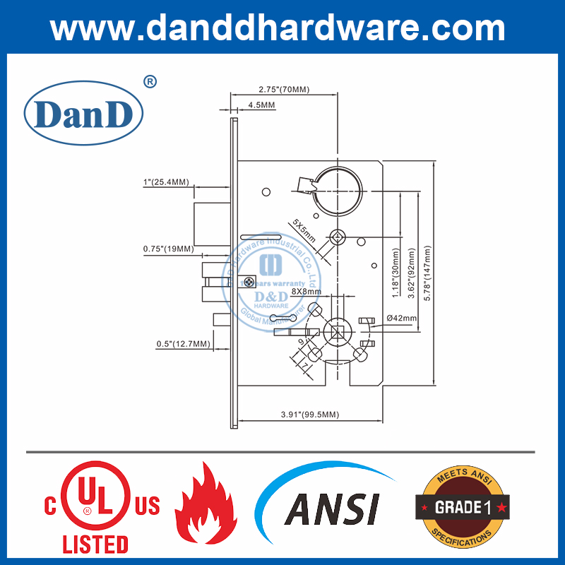 SS304 UL ANSI Grade 1 Fire Rated Building Double Safety Mortise Lock-DDAL20 F20
