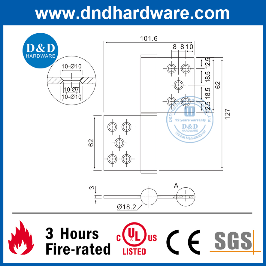 SS304 Stain Finish Fire Rated Flag Hinge for Internal Wooden Door-DDSS030A-5X4X3