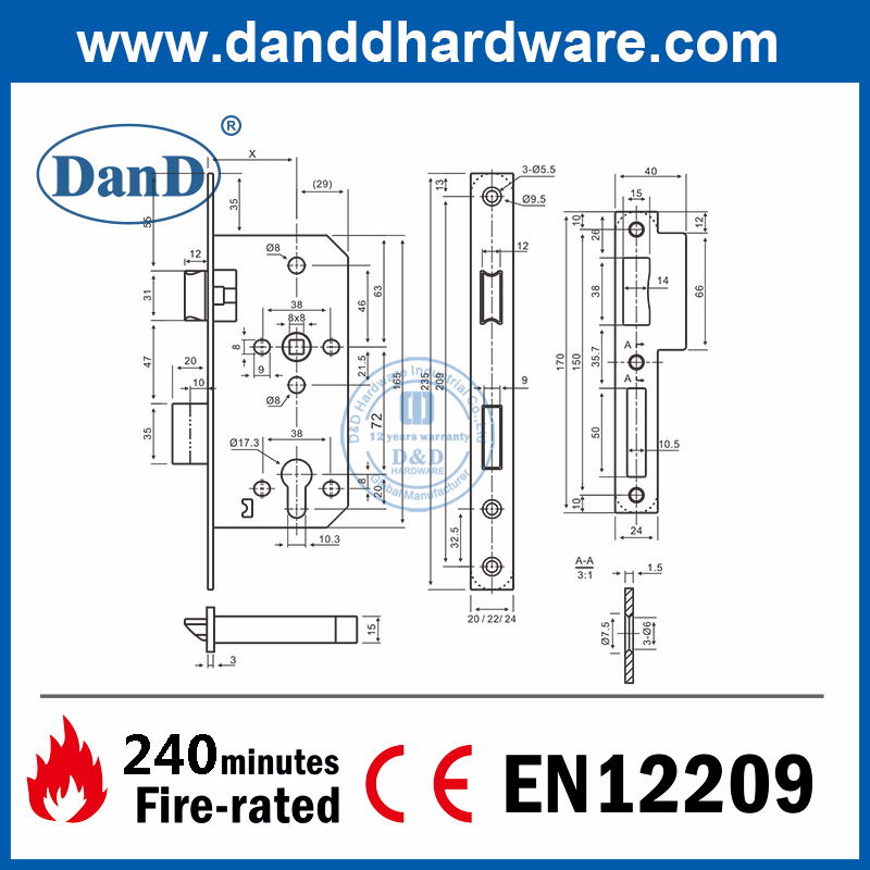 Euro Security SS304 CE Mortise Sash Fire Rated Door Lock-DDML009