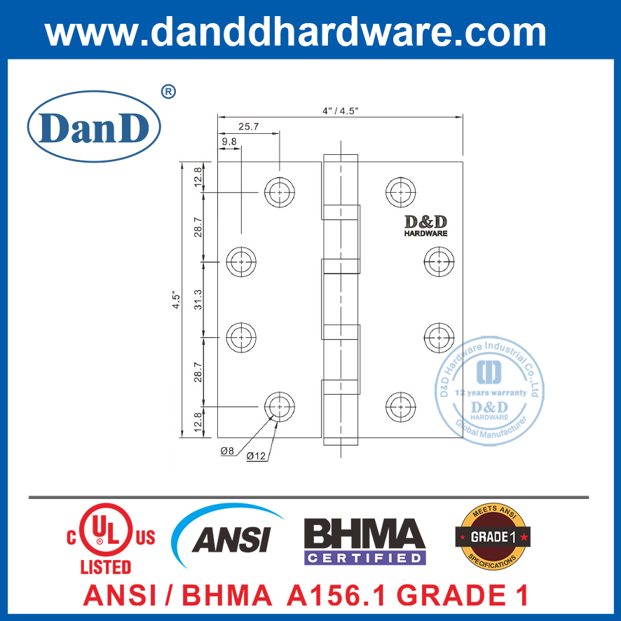 ANSI Grade 1 UL SS316 Heavy Duty FIre Resistance Exterior Door Hinge-DDSS001-ANSI-1